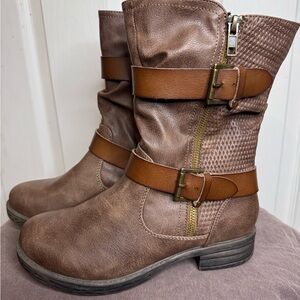 Jellypop Brown Moto Boots with Buckle Accents